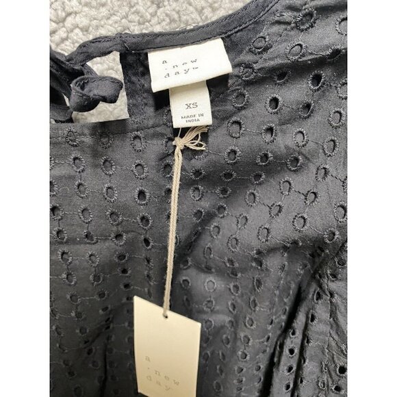 A New Day Women's Black Short Puff Sleeve Eyelet Dress Top Size XS cotton - Picture 6 of 9